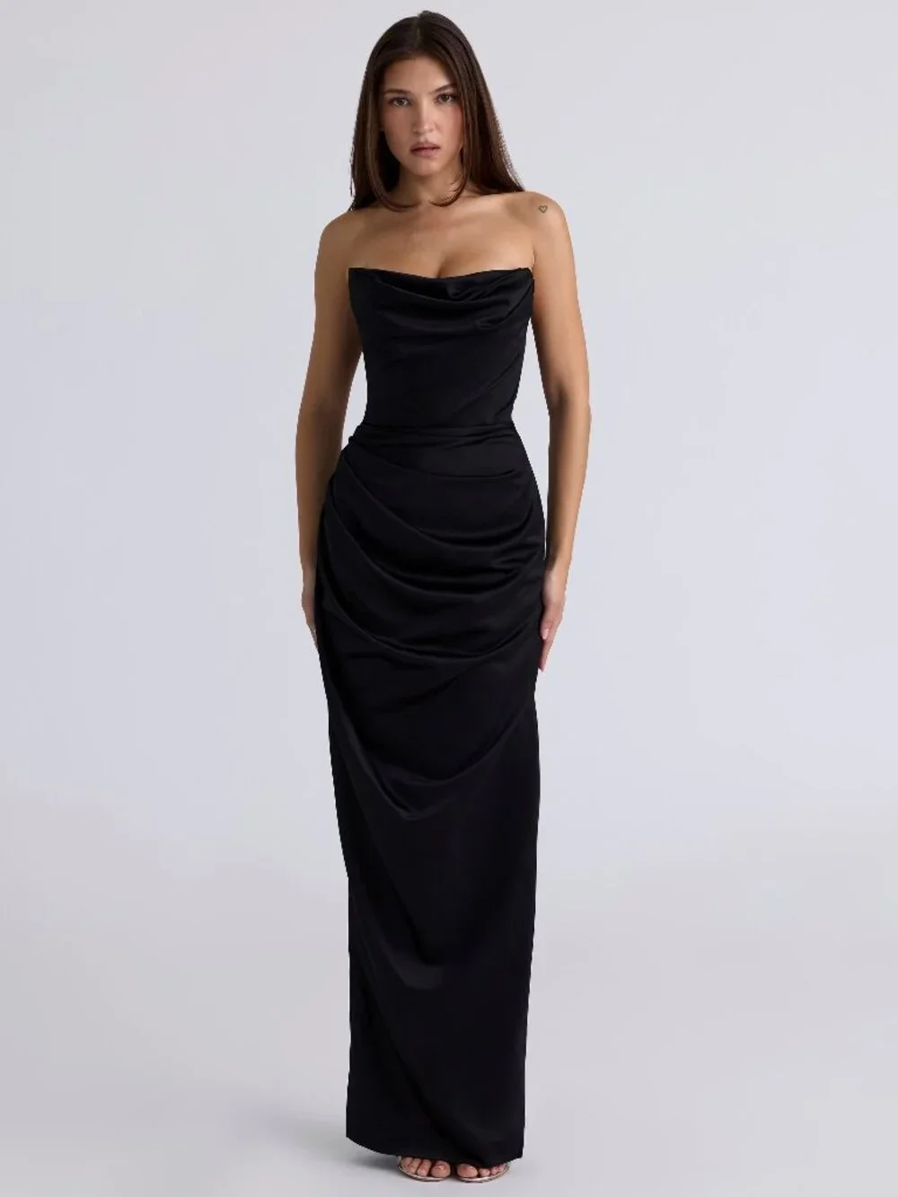 House of CB Adrienne Black Satin Strapless Corset Maxi Dress Formal Sexy Size L - Picture 1 of 10